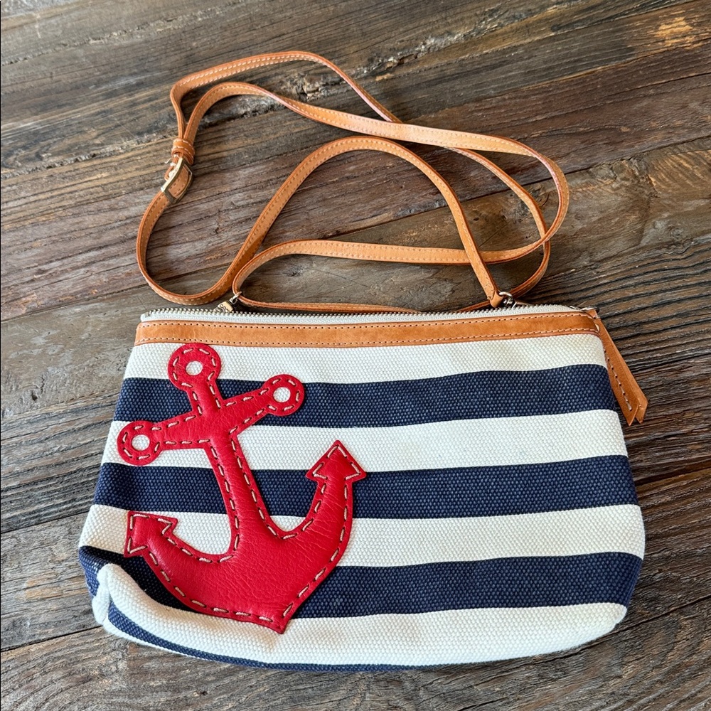 Brighton Nautical canvas striped leather anchor appliquéRemovable Crossbody EUC